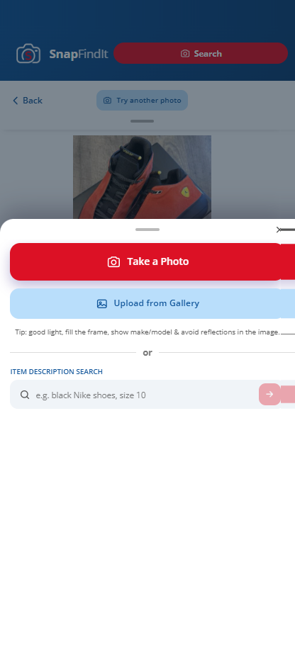 SnapFindIt photo search sheet with Take a Photo and Upload options